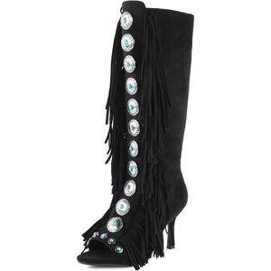 Women's Black FancyQueen Gladiator Heels Knee High Stiletto Peep Toe Boot
